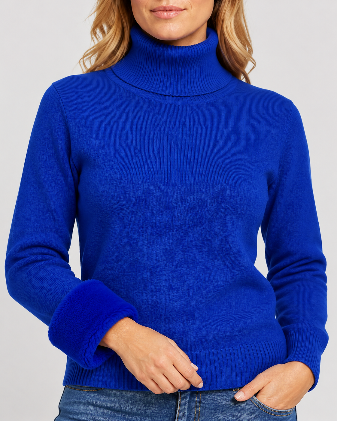 Women's Ribbed Knit Roll Neck Jumper with Plush Lined Interior in Navy – Detail