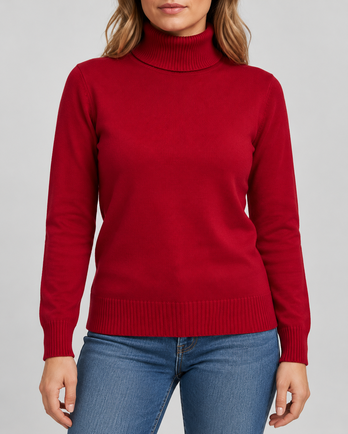 Women's Ribbed Knit Roll Neck Jumper with Plush Lined Interior in Red – Front View