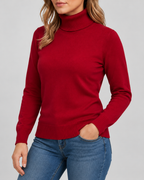 Women's Ribbed Knit Roll Neck Jumper with Plush Lined Interior in Red – Three-Quarter View