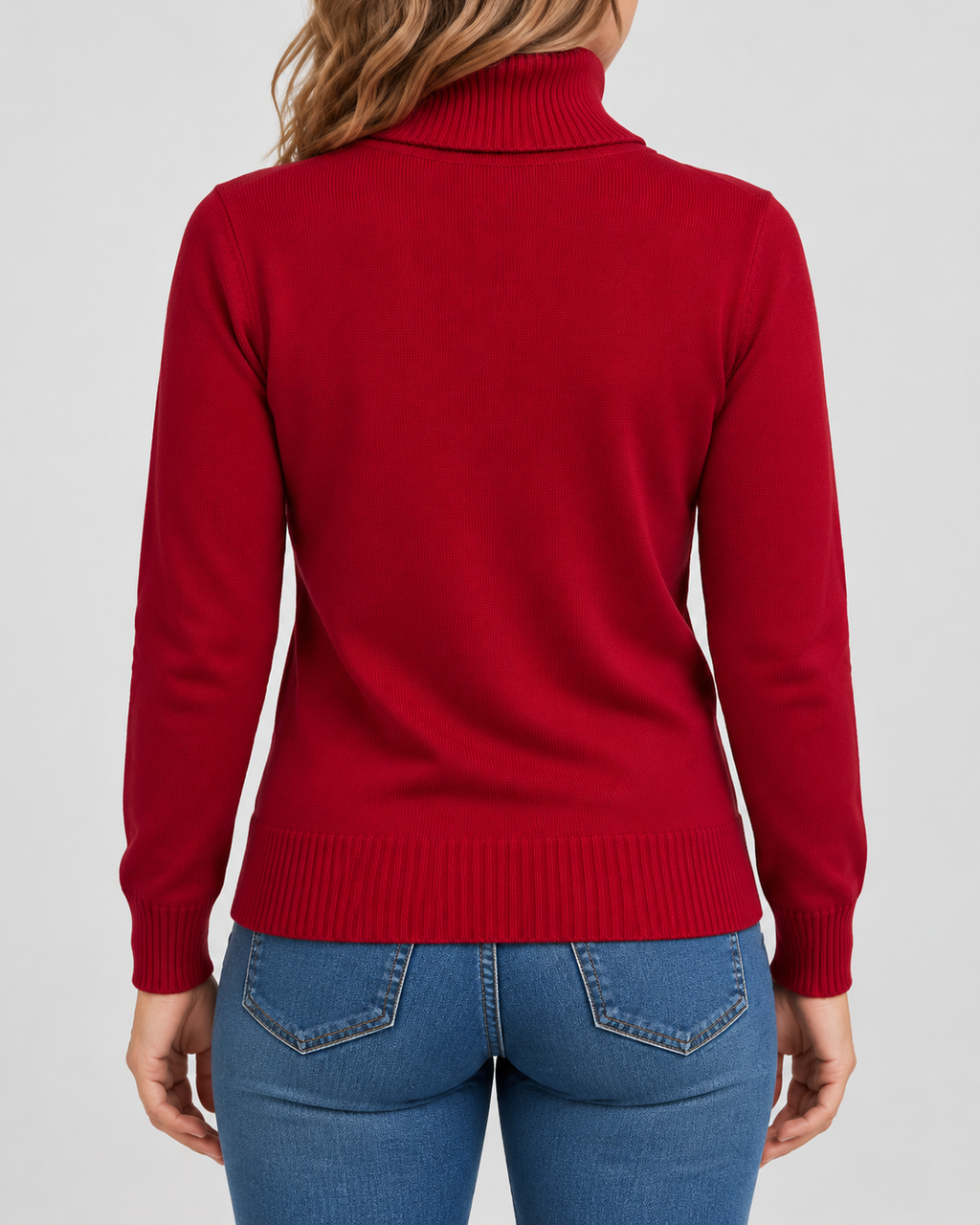 Women's Ribbed Knit Roll Neck Jumper with Plush Lined Interior in Red – Back View