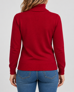 Women's Ribbed Knit Roll Neck Jumper with Plush Lined Interior in Red – Back View