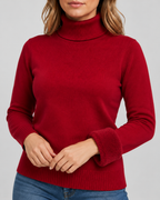 Women's Ribbed Knit Roll Neck Jumper with Plush Lined Interior in Red – Detail
