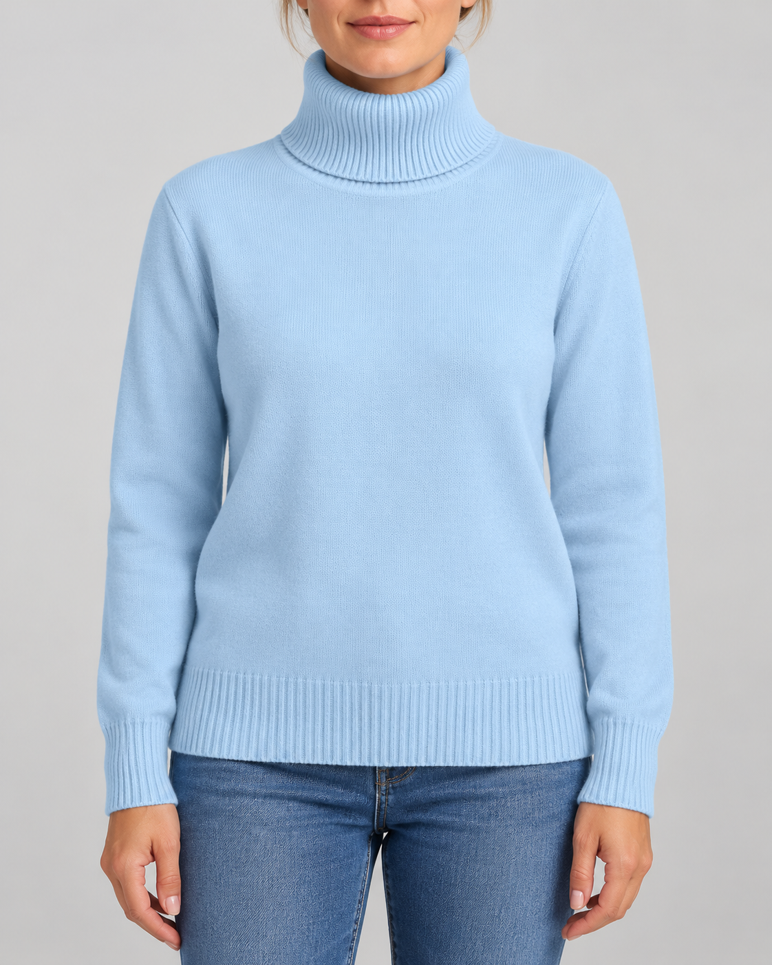 Women's Ribbed Knit Roll Neck Jumper with Plush Lined Interior in Sky Blue – Front View