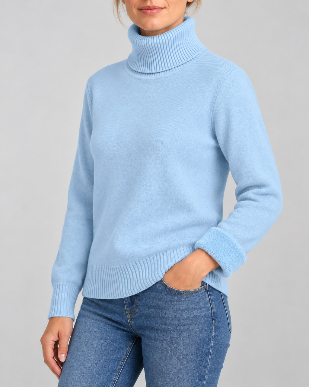 Women's Ribbed Knit Roll Neck Jumper with Plush Lined Interior in Sky Blue – Three-Quarter View