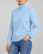 Women's Ribbed Knit Roll Neck Jumper with Plush Lined Interior in Sky Blue – Three-Quarter View