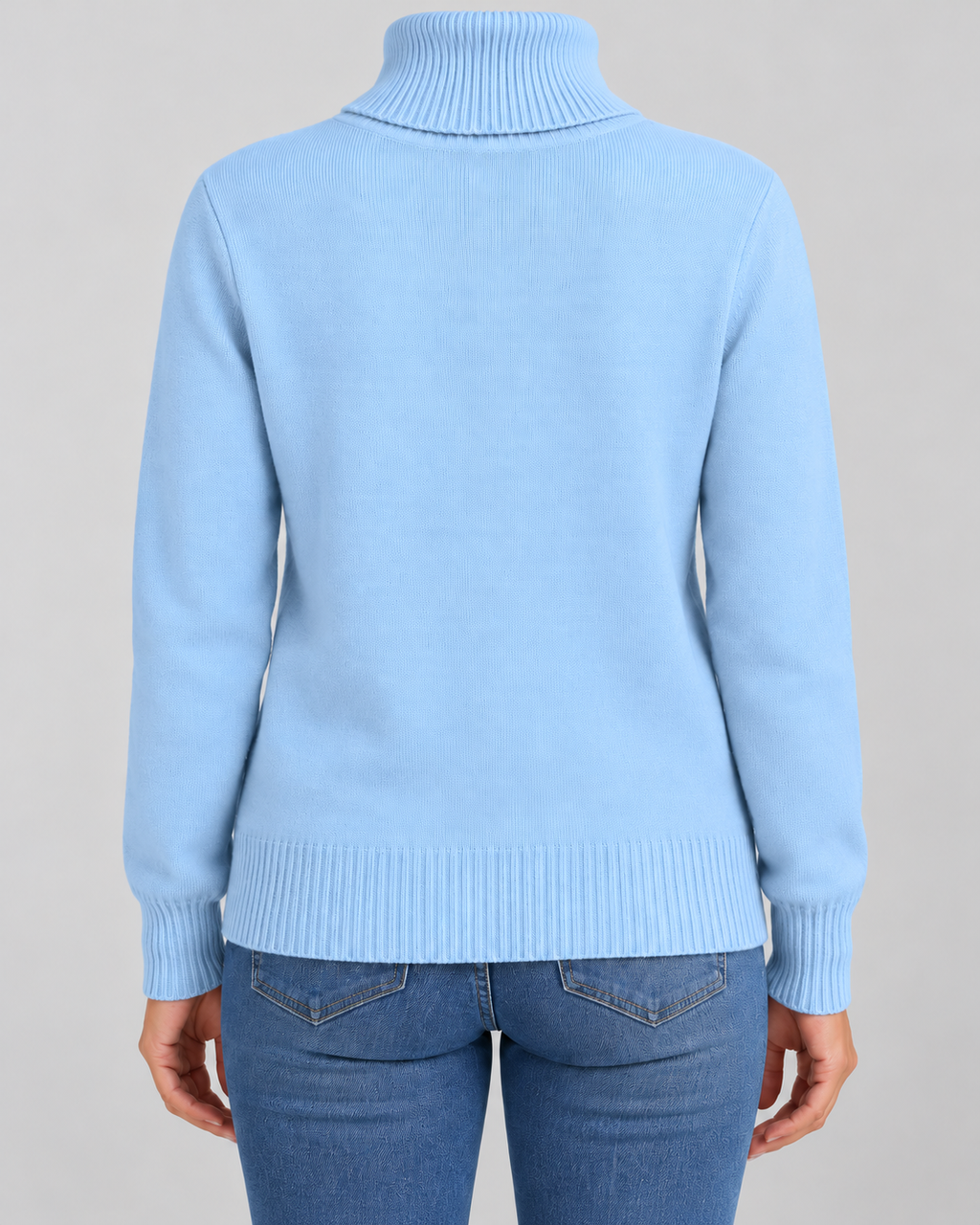 Women's Ribbed Knit Roll Neck Jumper with Plush Lined Interior in Sky Blue – Back View