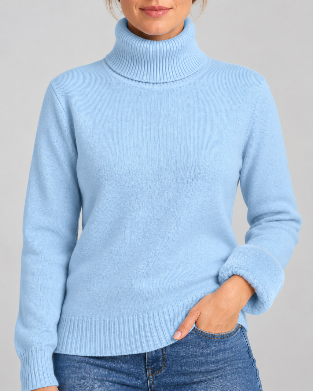 Women's Ribbed Knit Roll Neck Jumper with Plush Lined Interior in Sky Blue – Detail