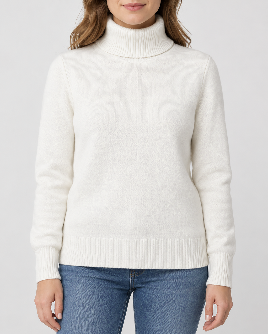 Women's Ribbed Knit Roll Neck Jumper with Plush Lined Interior in White – Front View
