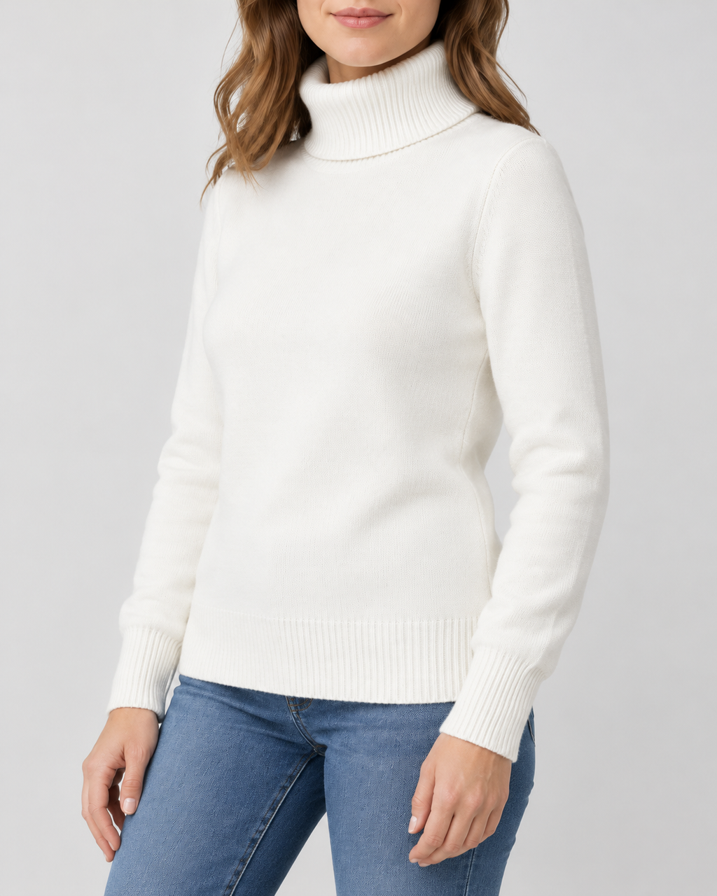 Women's Ribbed Knit Roll Neck Jumper with Plush Lined Interior in White – Three-Quarter View