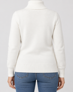 Women's Ribbed Knit Roll Neck Jumper with Plush Lined Interior in White – Back View