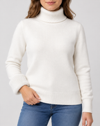 Women's Ribbed Knit Roll Neck Jumper with Plush Lined Interior in White – Detail