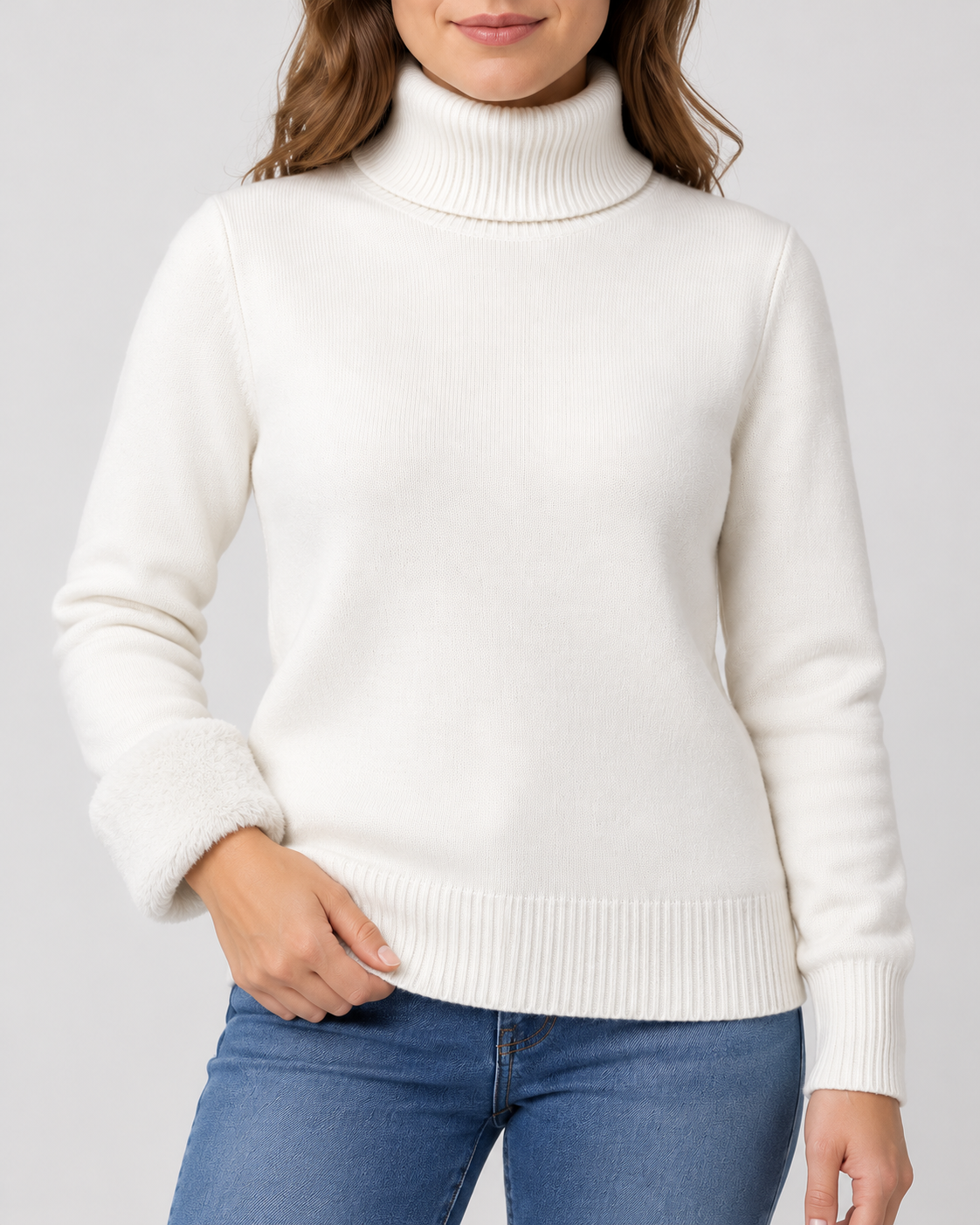 Women's Ribbed Knit Roll Neck Jumper with Plush Lined Interior in White – Detail