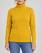 Women's Ribbed Knit Roll Neck Jumper with Plush Lined Interior in Yellow – Front View