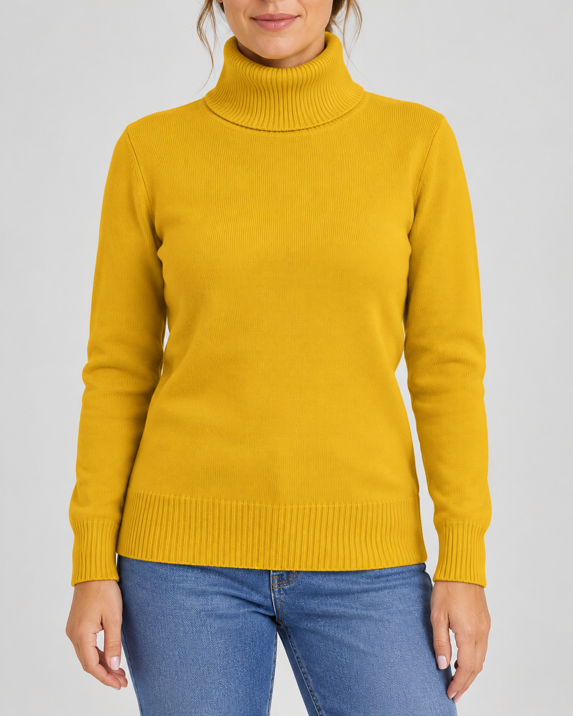 Women's Ribbed Knit Roll Neck Jumper with Plush Lined Interior in Yellow – Front View