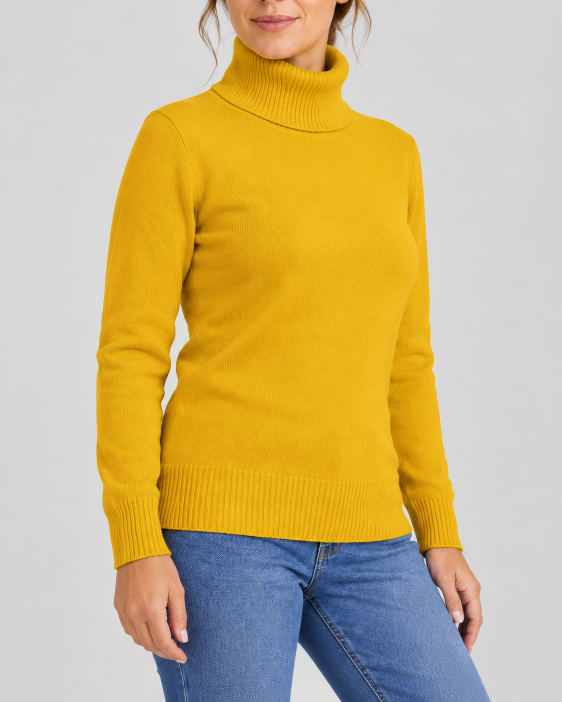 Women's Ribbed Knit Roll Neck Jumper with Plush Lined Interior in Yellow – Three-Quarter View