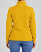 Women's Ribbed Knit Roll Neck Jumper with Plush Lined Interior in Yellow – Back View