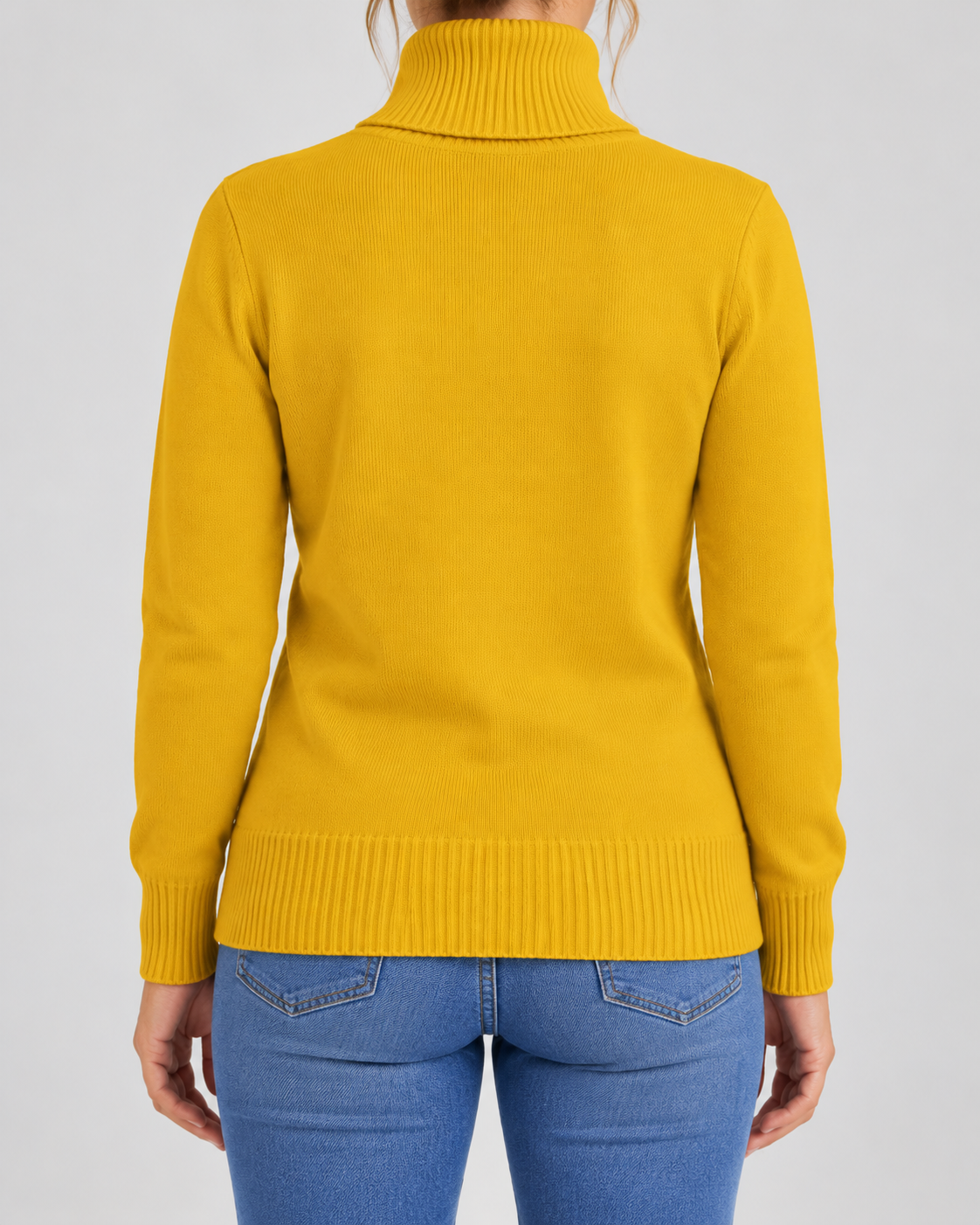 Women's Ribbed Knit Roll Neck Jumper with Plush Lined Interior in Yellow – Back View