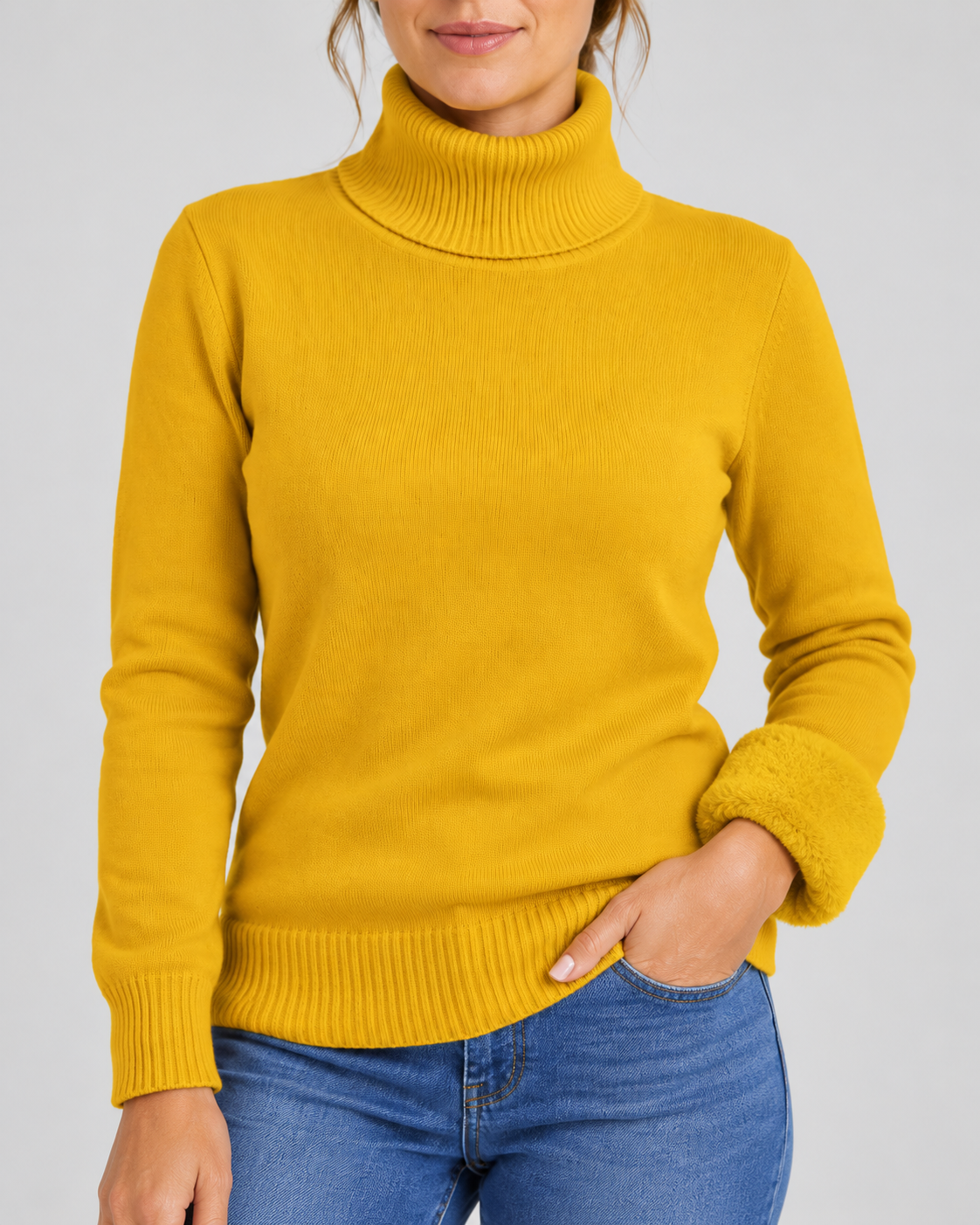 Women's Ribbed Knit Roll Neck Jumper with Plush Lined Interior in Yellow – Detail