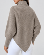 Women's Ribbed Knit Turtleneck Jumper with Batwing Sleeves and Pointed Hem in Taupe – Back View