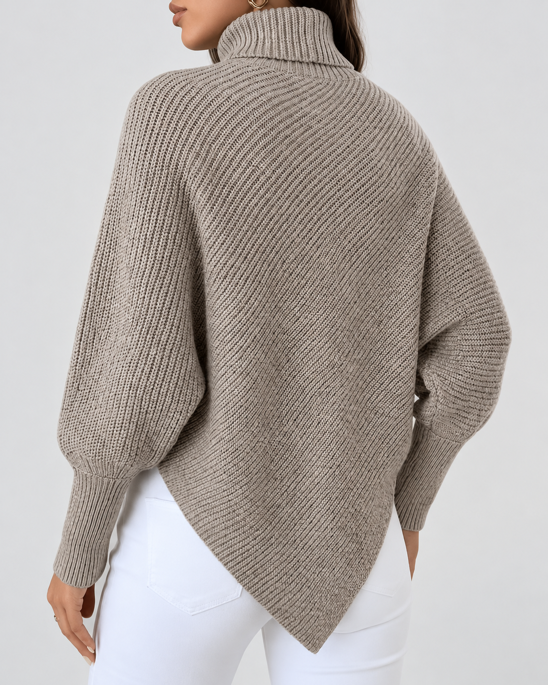 Women's Ribbed Knit Turtleneck Jumper with Batwing Sleeves and Pointed Hem in Taupe – Back View