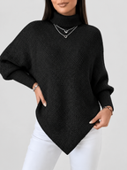 Women's Ribbed Knit Turtleneck Jumper with Batwing Sleeves and Pointed Hem in Black – Front View