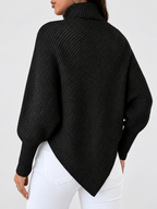 Women's Ribbed Knit Turtleneck Jumper with Batwing Sleeves and Pointed Hem in Black – Back View