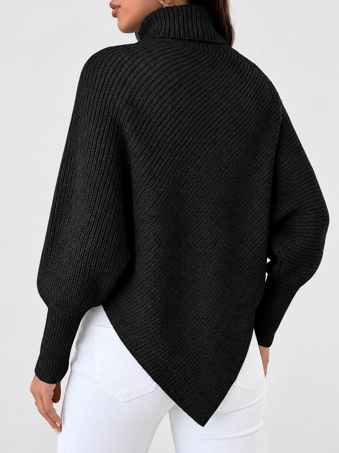 Women's Ribbed Knit Turtleneck Jumper with Batwing Sleeves and Pointed Hem in Black – Back View