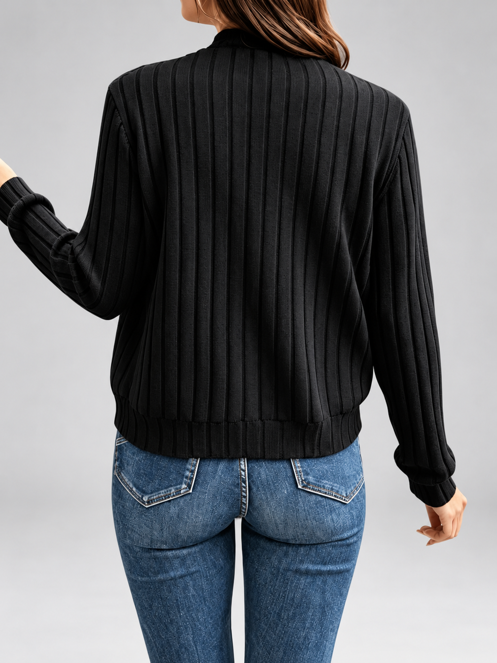 Women's Ribbed Knit Zip-Up Cardigan in Black – View 4