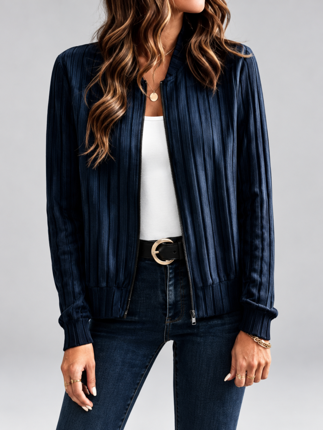 Women's Ribbed Knit Zip-Up Cardigan in Blue – View 2