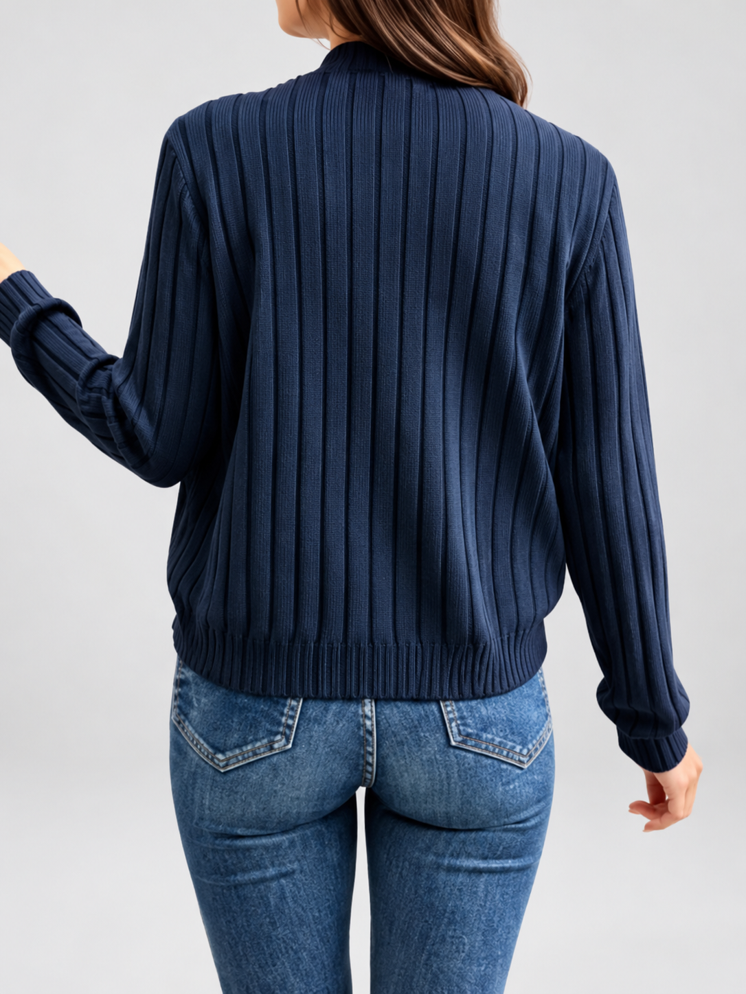 Women's Ribbed Knit Zip-Up Cardigan in Blue – View 3
