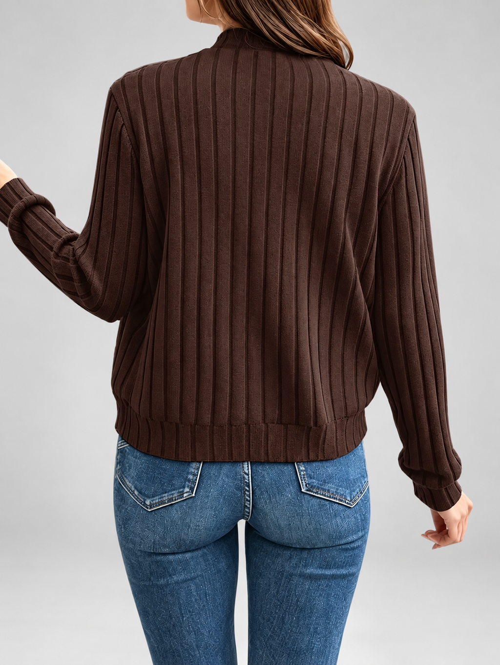 Women's Ribbed Knit Zip-Up Cardigan in Brown – View 2
