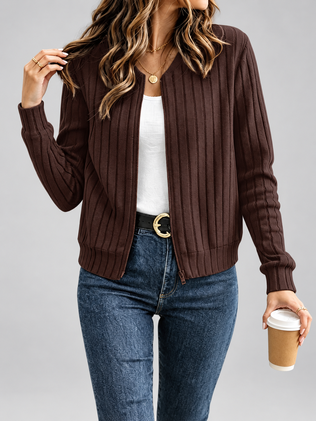 Women's Ribbed Knit Zip-Up Cardigan in Brown – View 3