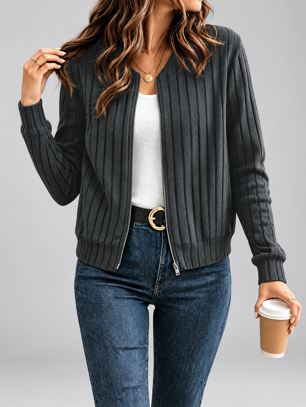 Women's Ribbed Knit Zip-Up Cardigan in Dark Grey – View 1