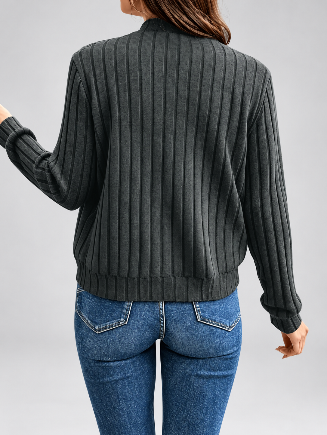 Women's Ribbed Knit Zip-Up Cardigan in Dark Grey – View 2