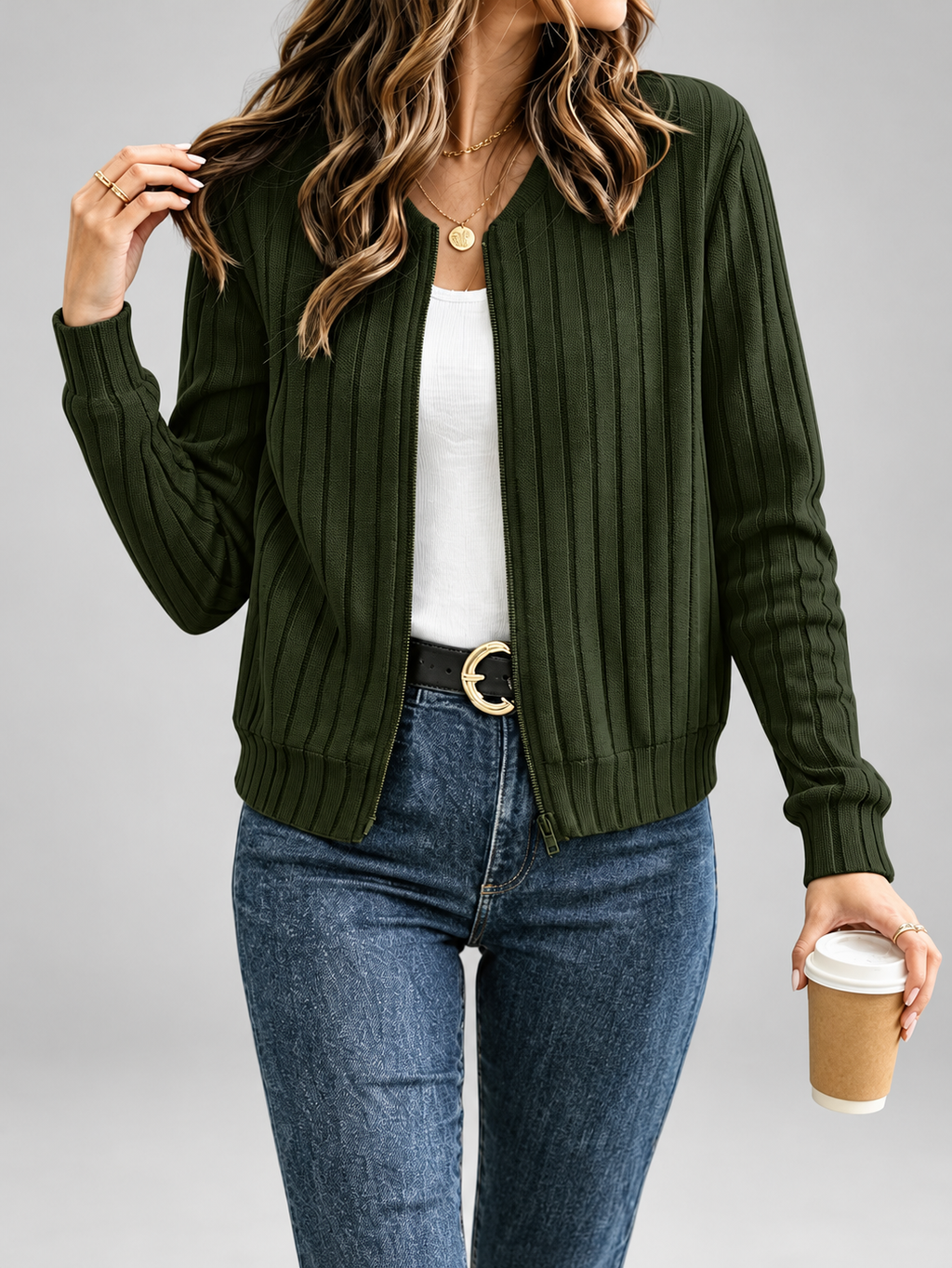 Women's Ribbed Knit Zip-Up Cardigan in Green – View 3