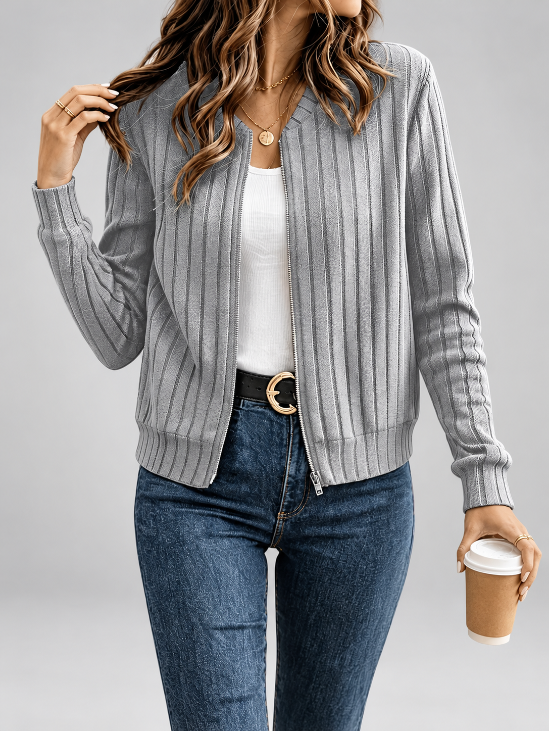 Women's Ribbed Knit Zip-Up Cardigan in Grey – View 1