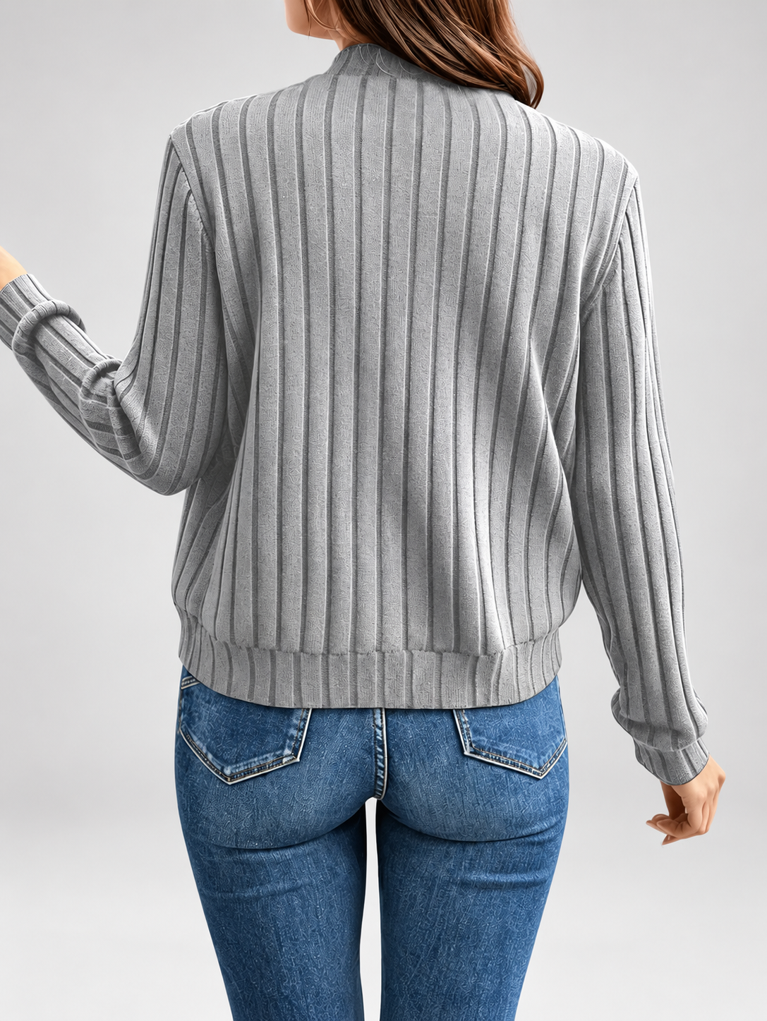 Women's Ribbed Knit Zip-Up Cardigan in Grey – View 3