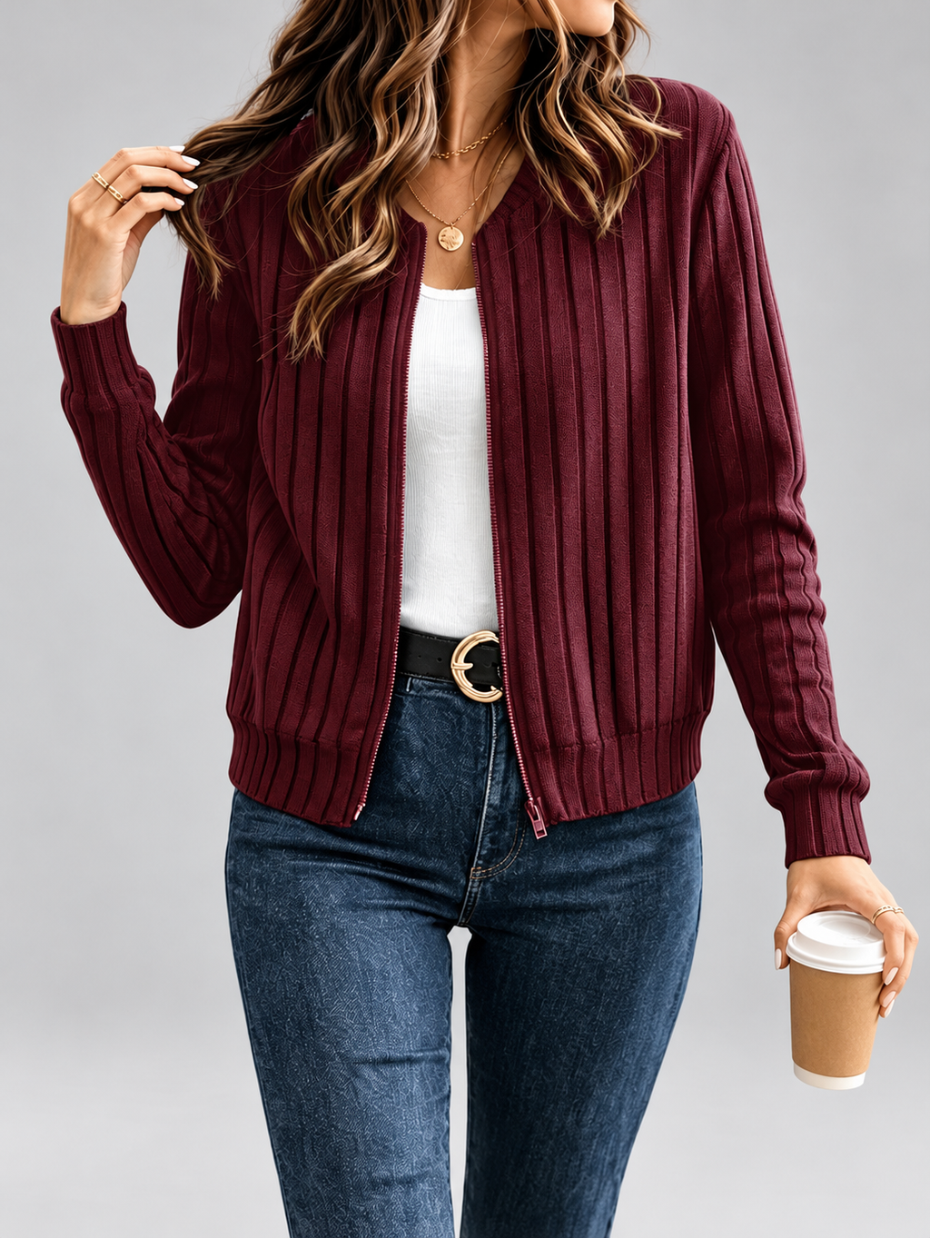 Women's Ribbed Knit Zip-Up Cardigan in Red – View 1