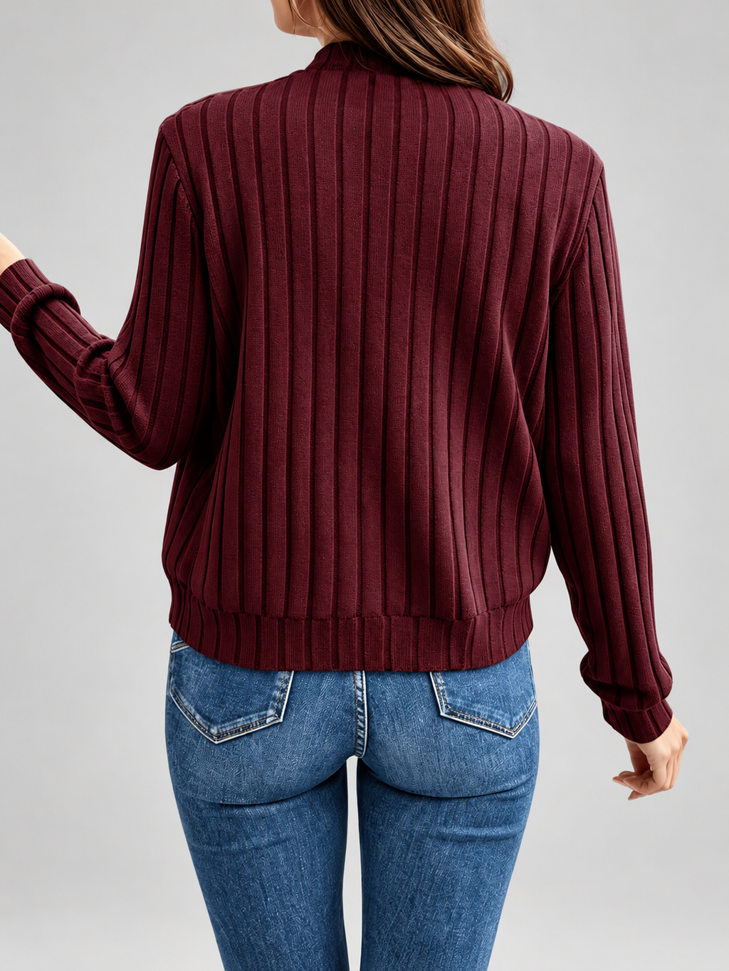 Women's Ribbed Knit Zip-Up Cardigan in Red – View 3