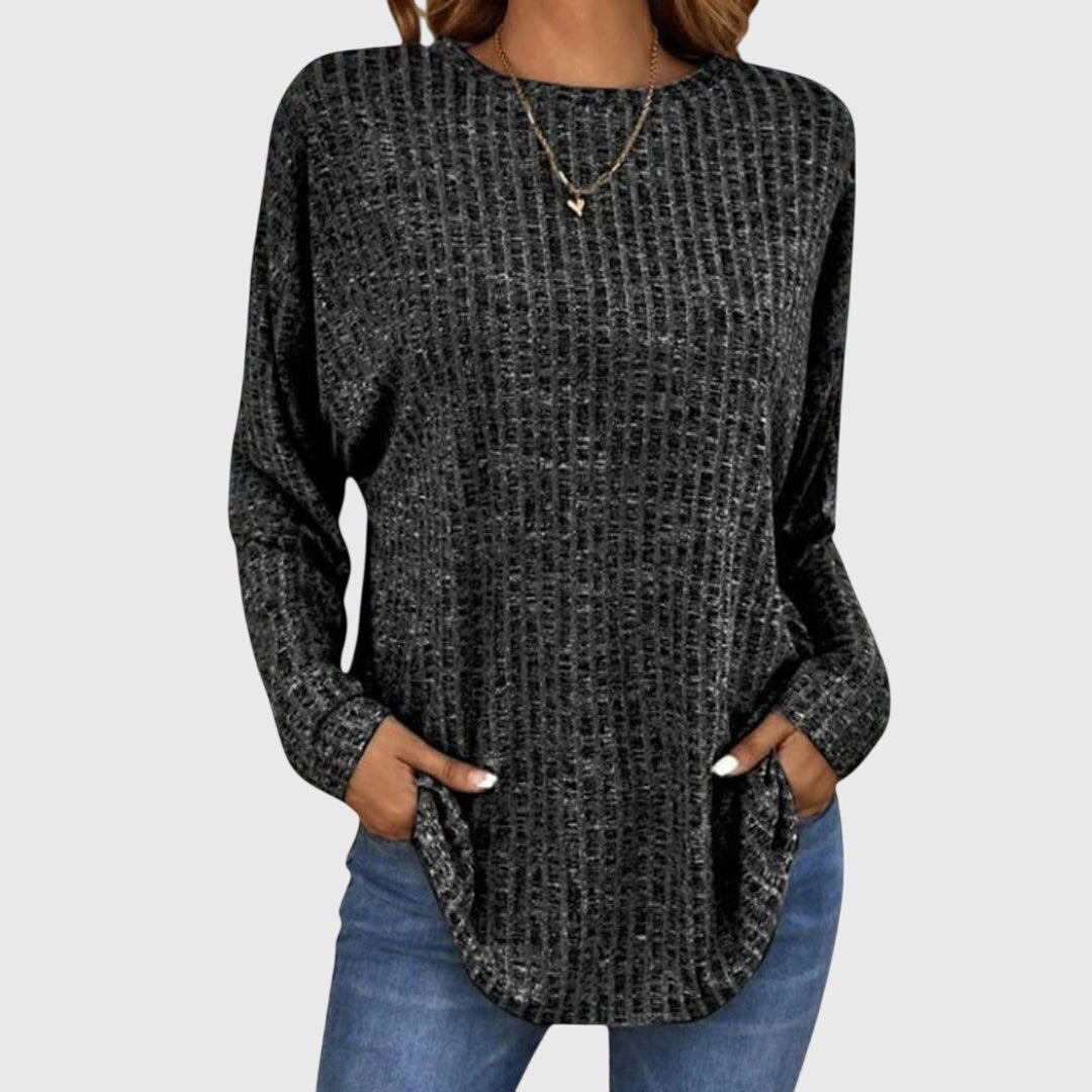 Women's Ribbed Long Sleeve Top with Round Neck - 1