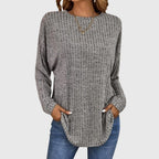 Women's Ribbed Long Sleeve Top with Round Neck - 3