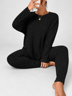 Women's Ribbed Lounge Set with Long Sleeve Top and Tapered Trousers in Black – Front View