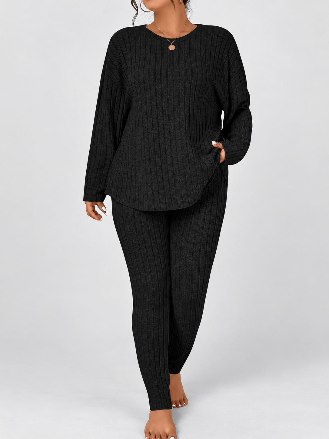 Women's Ribbed Lounge Set with Long Sleeve Top and Tapered Trousers in Black – View 2