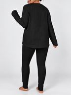 Women's Ribbed Lounge Set with Long Sleeve Top and Tapered Trousers in Black – View 3