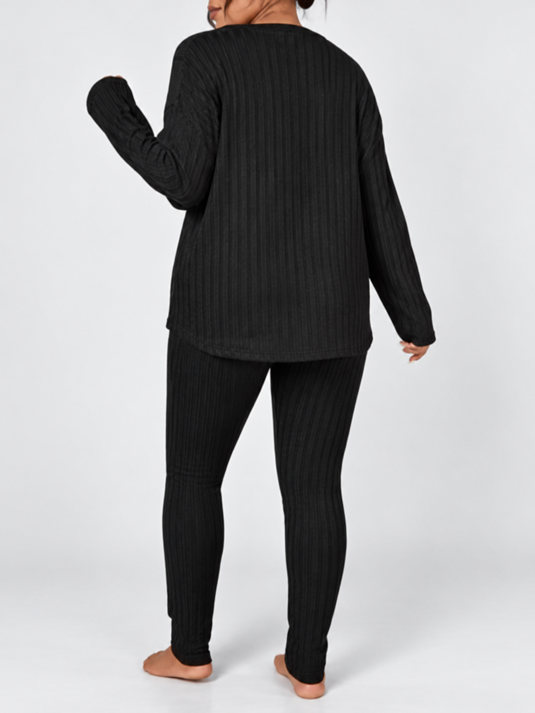 Women's Ribbed Lounge Set with Long Sleeve Top and Tapered Trousers in Black – View 3