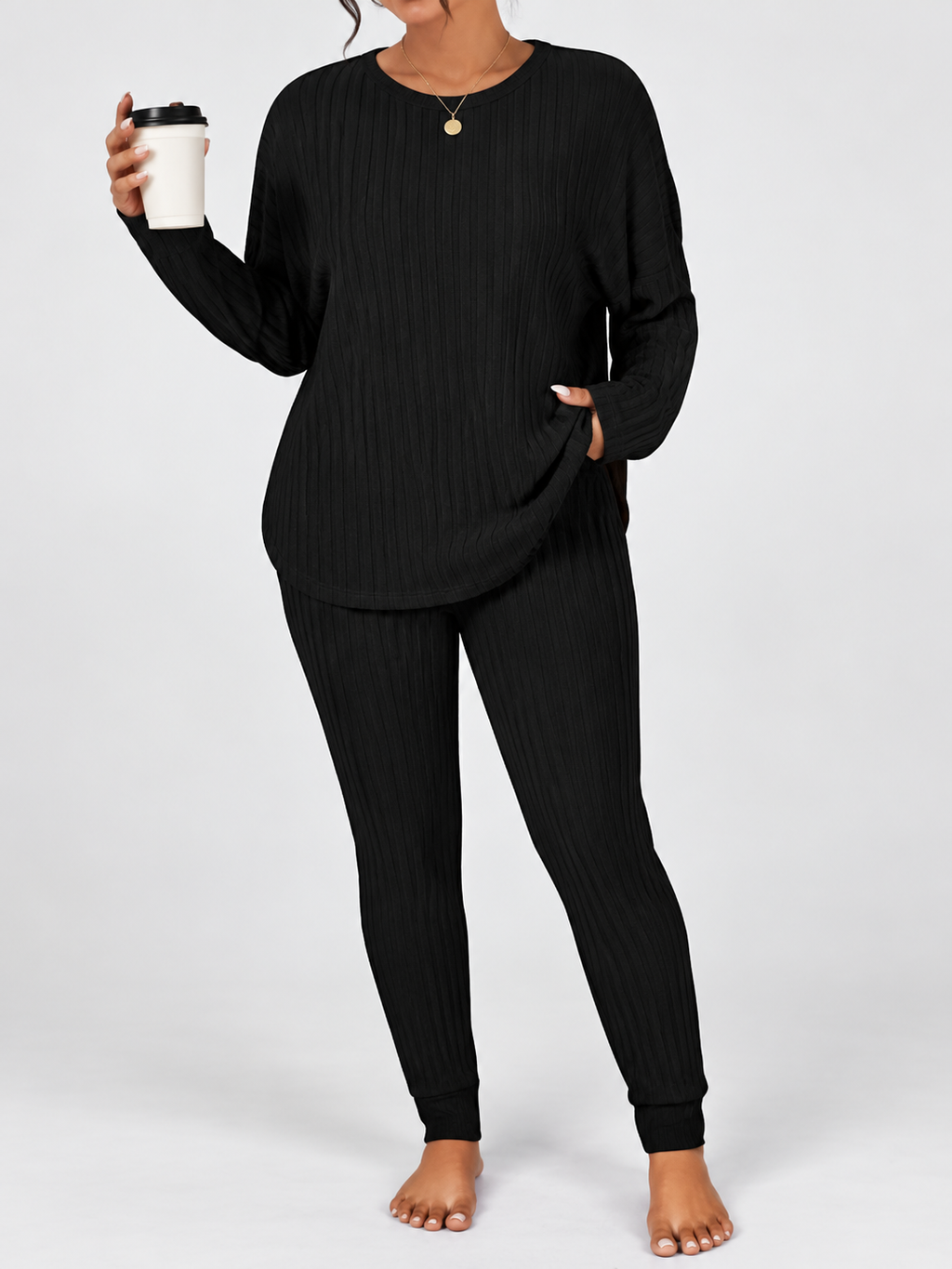 Women's Ribbed Lounge Set with Long Sleeve Top and Tapered Trousers in Black – View 4