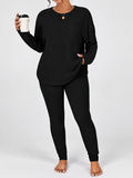 Women's Ribbed Lounge Set with Long Sleeve Top and Tapered Trousers in Black – View 4
