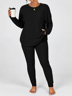 Women's Ribbed Lounge Set with Long Sleeve Top and Tapered Trousers in Black – View 4