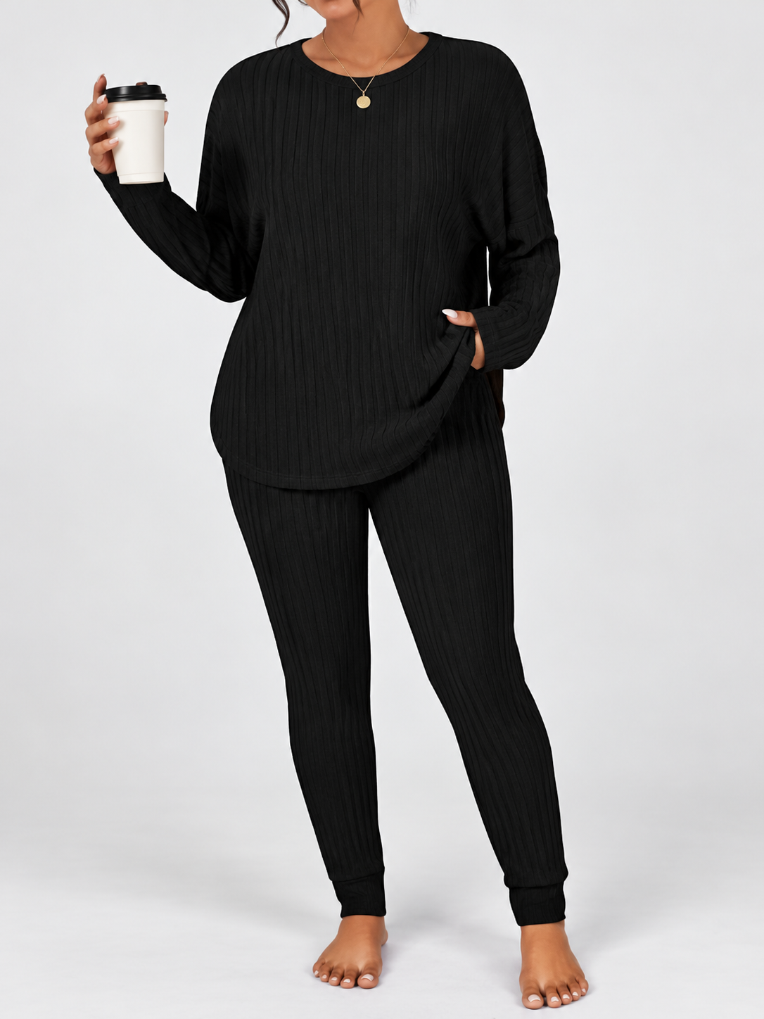 Women's Ribbed Lounge Set with Long Sleeve Top and Tapered Trousers in Black – View 4
