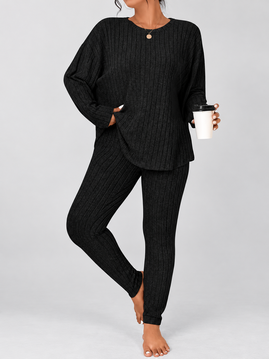 Women's Ribbed Lounge Set with Long Sleeve Top and Tapered Trousers in Black – View 5